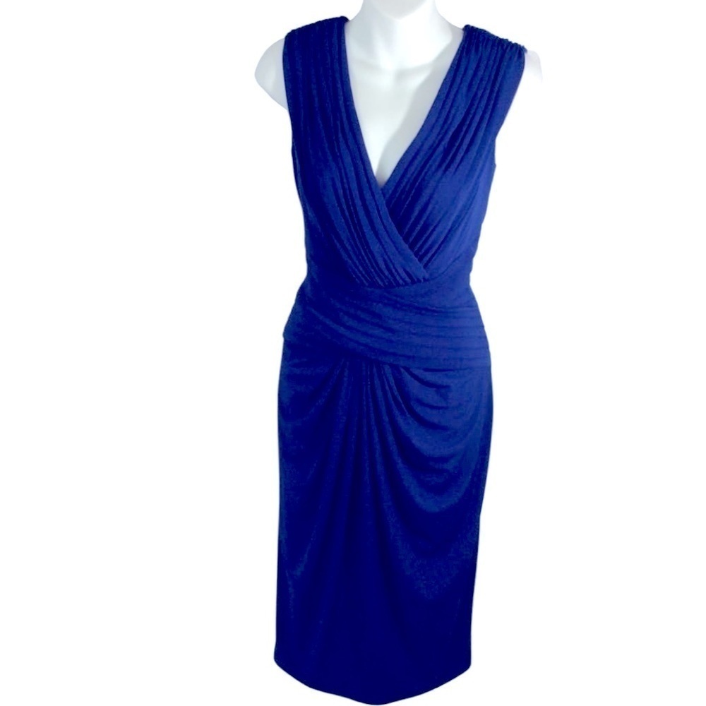 Tadashi Collection Blue Rushed Stretch Midi Dress. Size M.